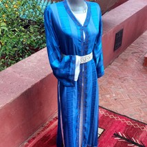 Gorgeous 70s Rare BLUE and WHITE Embroidered Moroccan Maxi KAFTAN dress - $1,000.99
