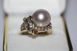 18K Yellow Ring with 12.3mm Cultured Pearl &amp; Round/ Baguette Diamonds 10.6 Grams - £1,434.24 GBP