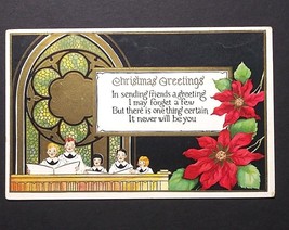 Christmas Greetings Singing Church Choir Poinsettia Gold Embossed Postcard c1929 - £6.25 GBP