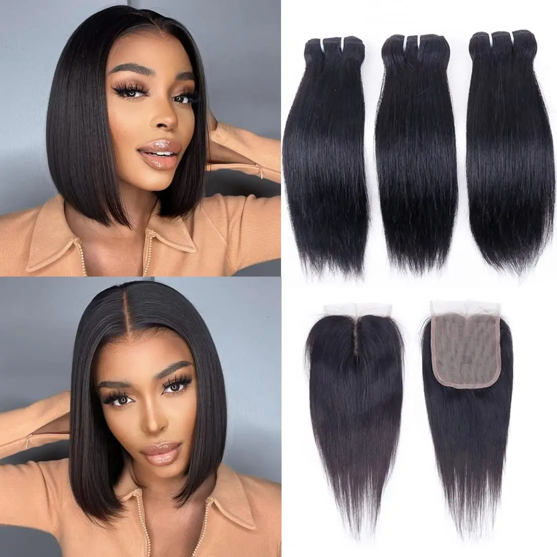 Brazilian Straight Human Hair Bundles Weave Extensions With Lace Frontal Closure - £22.46 GBP+