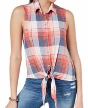 Polly &amp; Esther Juniors Printed Tie Front Top Color Navy/Red Plaid Size Large - £17.18 GBP