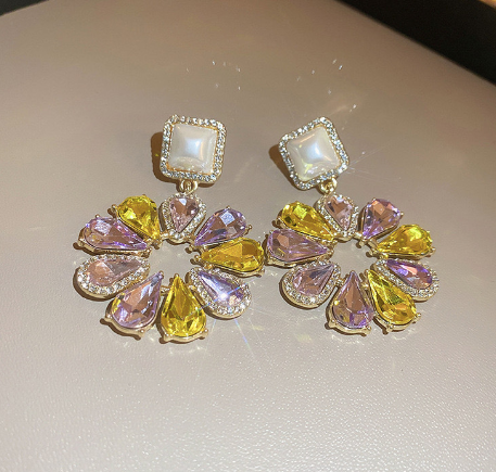 Diamond drop flower pearl earrings necklace set French retro niche earrings - $19.80