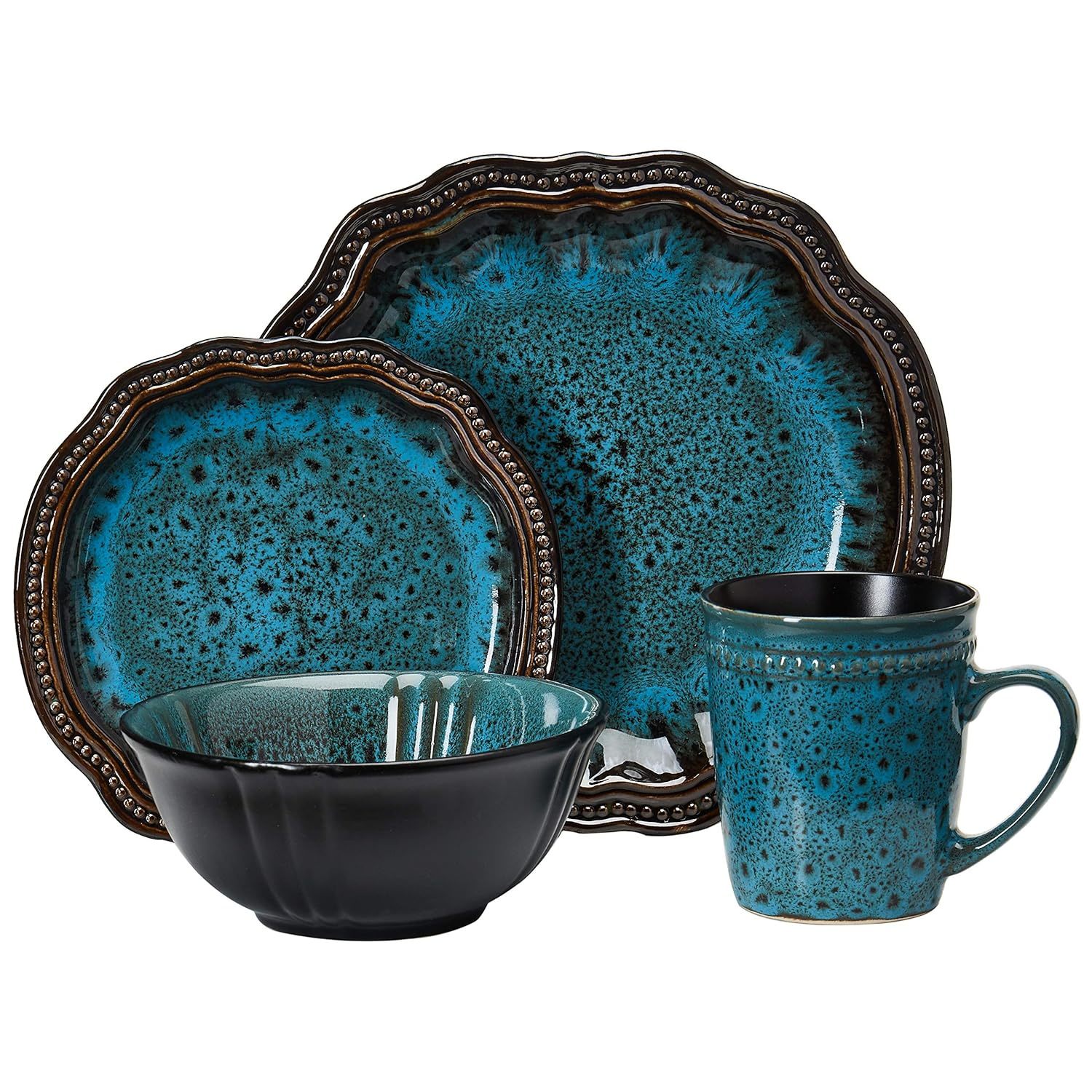 Elama Stoneware Round Oval Dinnerware Dish Set, Ocean Blue