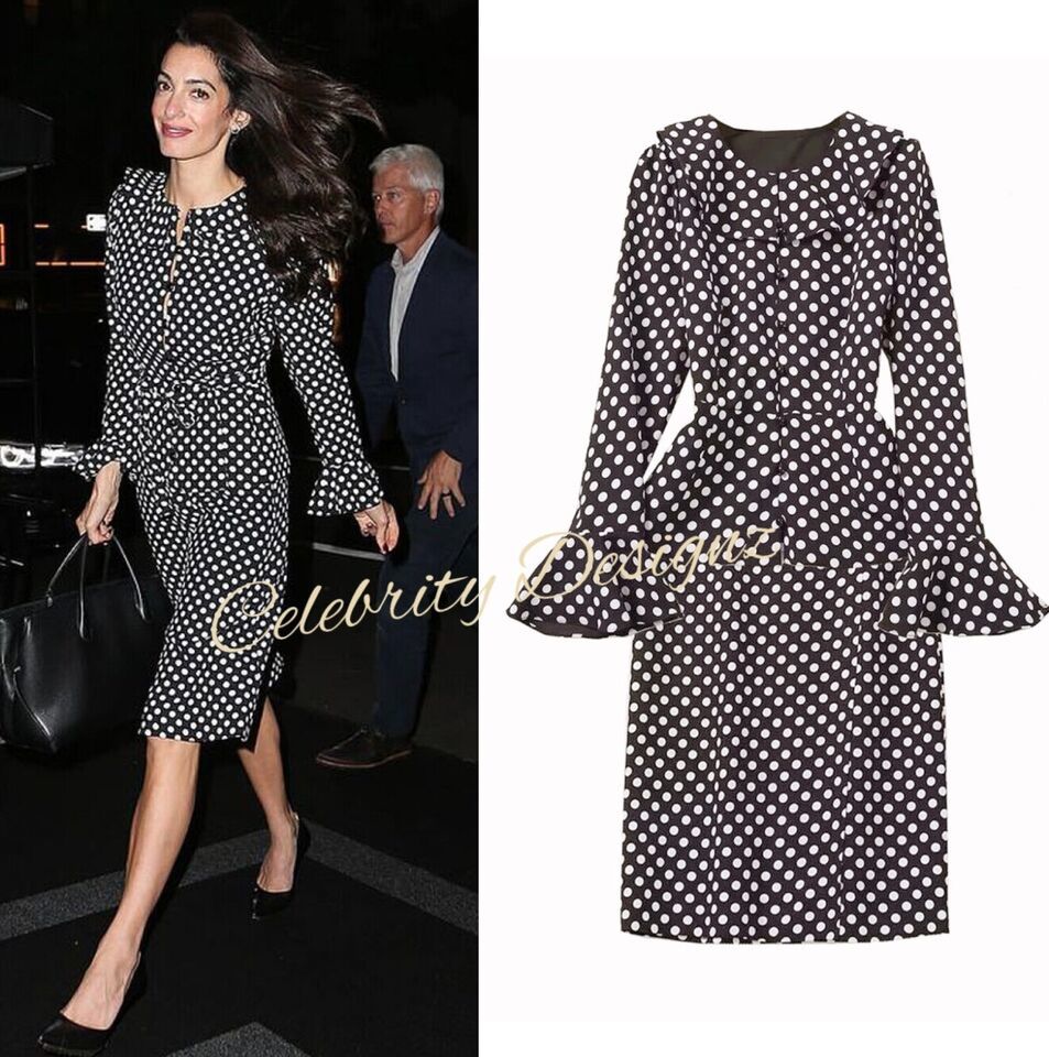 Celeb  Style Amal Clooney Polka Dot Ruffled Peplum Jacket & Midi Skirt Set AUS