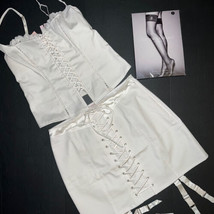 Victoria&#39;s Secret M,L CORSET SET+GARTER SKIRT CANVAS lace up CREAM WHITE... - $197.99