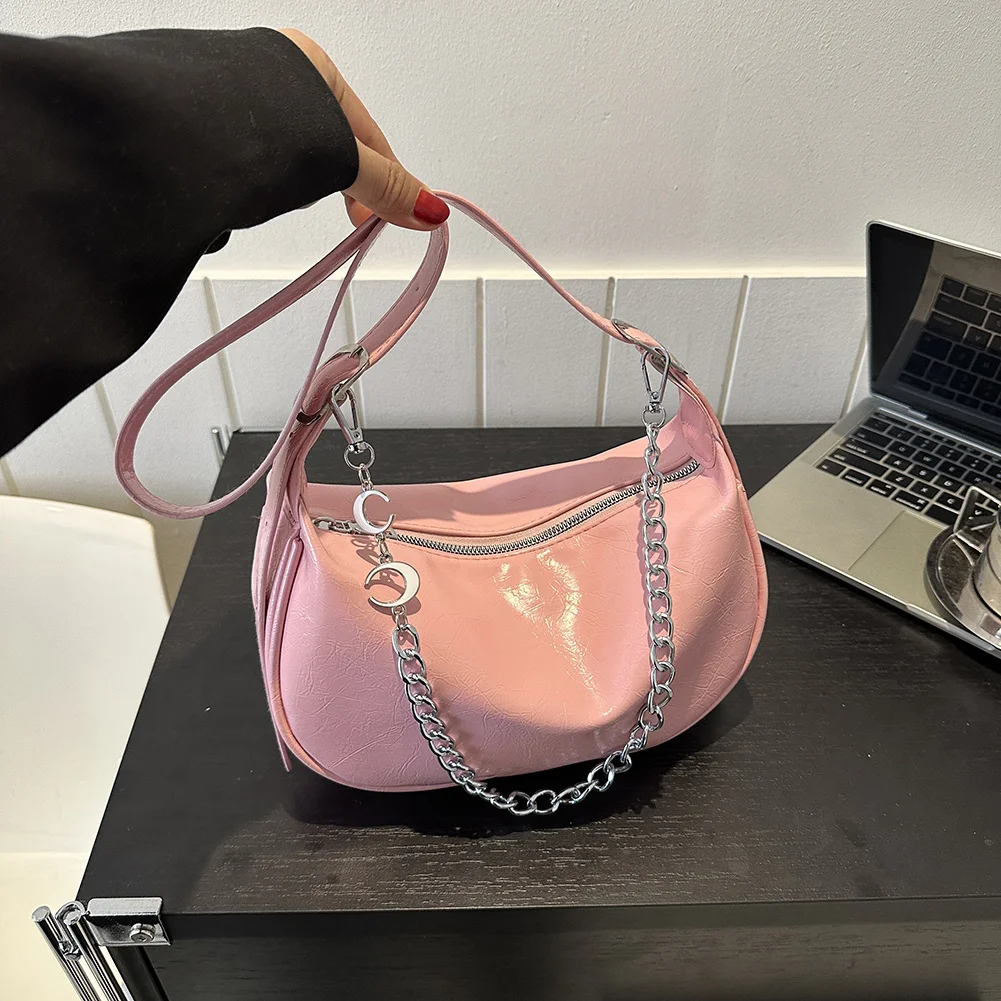 Women Small Armpit Bag With Zipper Fashion Hobo Bag PU Leather Chain Str... - $63.31