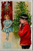 Christmas Greetings Boy Sees Girl Under Mistletoe Decorated Tree Postcard Z1 - £7.04 GBP