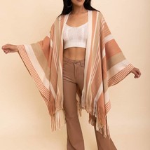 Striped Fringe Edge Ruana Wrap Beige Tan Cream - £22.17 GBP