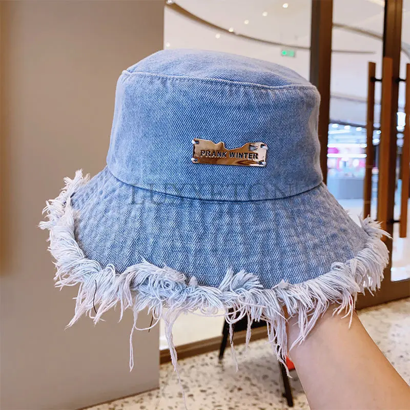 Summer Unisex Tassel Washed Denim Bucket Hats Fashion for Women Wide Brim - £12.64 GBP+