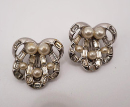 Mid Century Faux Pearl Silver Tone Clip On Earrings Costume Jewelry - $14.84