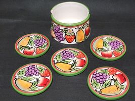 Porcelain Fruit Round Coasters Hand Painted Set Of 5 With Holder - Unbra... - $15.98