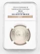 1953-H NS Danemark 2 Kroner Pièce Argent MS-64 NGC Greenland Tuberculose KM-844 - $190.99