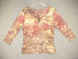 Xcit USA Women&#39;s Shirt Pink Brown Rose 3/4 Sleeve Rhinestone XL - £10.63 GBP