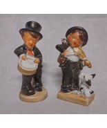 Boy Musicians Figurines Drum Fiddle Violin with Dog Made in Japan - $36.95