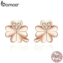 Four-Leaf Clovers Stud Earrings for Women Rose Gold Color 925 Sterling Silver We - £16.05 GBP