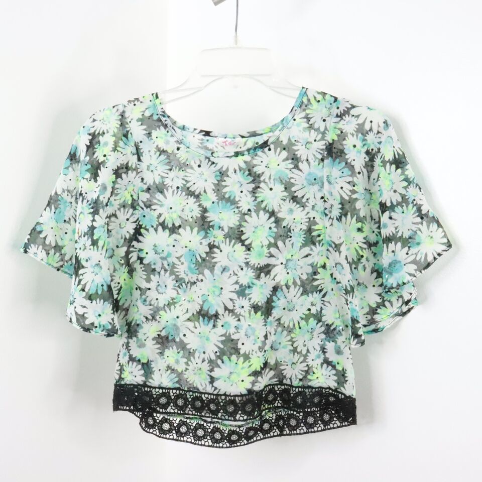 Justice Girl's L Semi-Sheer Crochet Trim Sparkle Floral Batwing Blouse Top - £5.48 GBP