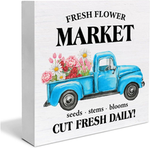 Spring Decor Rustic Fresh Flower Market Truck Wood Block Sign Farmhouse Spring S - £16.68 GBP