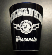 Midwest Outfitter Shot Glass Milwaukee Wisconsin Dark Blue Body and White Print - £6.31 GBP