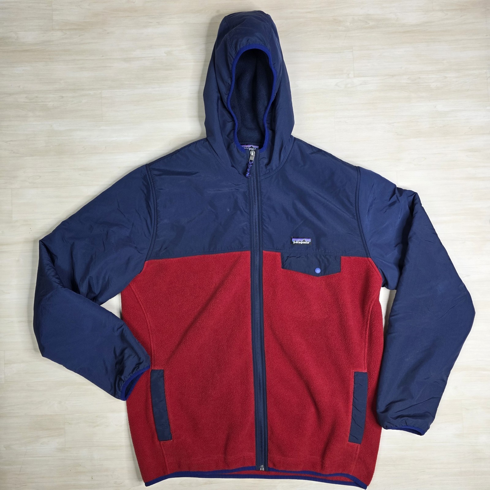 Patagonia Shelled Synchilla Snap-T Hoodie Fleece Full Zip Jacket Red Blu... - $123.64