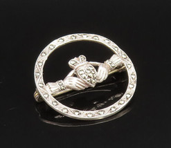 925 Sterling Silver - Vintage Round Open Marcasite Claddagh Brooch Pin -... - $33.96