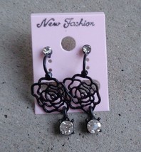 New Black Metal Cutout Rose Rhinestone Drop Dangle Pierced Post Earrings... - £7.00 GBP