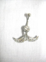 Stainless Mustache W Dazzling Clear Pave Crystals On Clear Cz Belly Button Ring - £6.44 GBP
