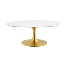 42&quot; White Oval Lacquered Wood Top Pedestal Stem Coffee Table Gold Metal Base - £431.28 GBP