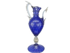 Vintage Venetian cobalt blue gold and controlled bubbles ewer form sculptural va - £1,246.90 GBP