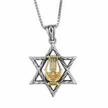 Kabbalah AmuletsPendant Star of David w/ Kinnor David&#39;s Harp Silver &amp; Go... - £138.17 GBP