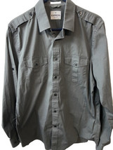 Express Fitted Button Up Shirt Mens Large Epaluttes Dark Grey Pocket Lon... - £9.72 GBP