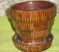 McCoy Planter-Attached Saucer-Cross Hatch-Brown- - $30.00