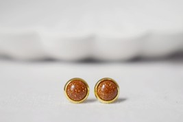 Goldstone Earrings, Small, Mini Gold Stud Earrings, 6mm Round Brown Earrings, St - £22.30 GBP