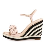 Kate Spade Jill Pink Puff Leather Rosette Black White Woven Raffia Wedge... - £52.00 GBP