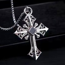 Black CZ Silver Cross Pendant Necklace For Men Punk Retro Rock Jewelry Chain 24&quot; - £9.38 GBP