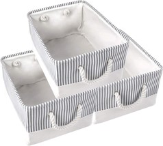 Foldable Canvas Striped Storage Bin Box With Cotton Rope Handles, Decorative - £31.14 GBP