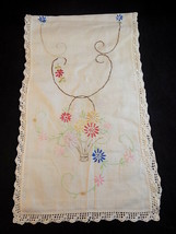 Vntg Linen Doily Embroidered Floral White Rectangular Table Runner 3&#39;3&quot; X 11.5&quot; - £8.03 GBP