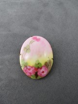 Victorian Hand Painted Porcelain Oval Brooch Pink Roses Flowers Colorful 2&quot; High - £33.57 GBP