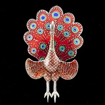 Gorgeous Sterling Silver Siam Colorful Peacock Enamel Brooch - £162.54 GBP