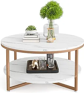Round Coffee Table Two-Tier Coffee Table Modern Faux Marble Tabletop Wit... - $220.99