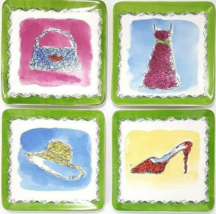 Pier 1 Appetizer or Snack Plates Dress Hat Purse and High Heel 6&quot; Sq Set Of 4 - £14.97 GBP