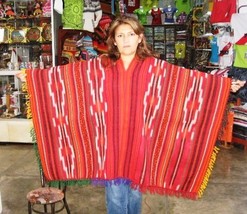 Typical peruvian red Poncho with stripes, made of Alpacawool - $115.00