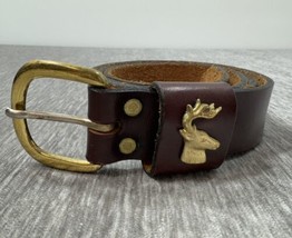 Royden Leather Belt Mens 36 Brass Buckle Deer Antler Hunting Stag Brown USA VTG - $22.76