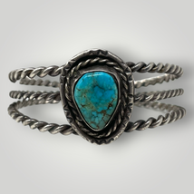 Vintage Navajo Native Made Turquoise Sterling Silver Cuff Rope Teardrop 6 1/8 - £212.19 GBP