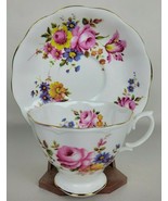 Royal Albert Rose Floral Bouquet Footed Teacup &amp; Saucer w. Gold Rim - $19.80