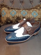 Handmade Men&#39;s Brown Blue White Leather Single Monk Medallion Chiseled Toe Shoes - £103.74 GBP+