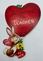 Valentines Day Vintage Greeting Card For Teacher Bunny Rabbit &amp; Apple Heart - £3.78 GBP