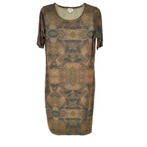 LuLaRoe Retired Julia Dress M Brown &amp; Black Geometric Print SS Form Fitt... - £14.86 GBP