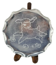 Vintage Tin Play Dish Plate Silver Lamb Sheep 6&quot; Scalloped Edges 60s Toy Child - £6.24 GBP