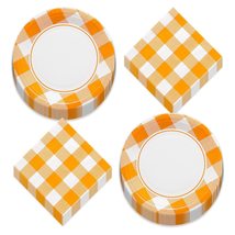 HOME &amp; HOOPLA Orange &amp; White Buffalo Plaid Fall Checkered Paper Dessert Plates a - £12.90 GBP