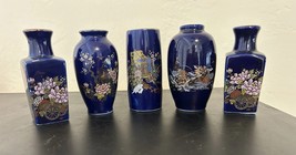 Vtg Miniature Japanese Vase Set CoBalt Gold Porcelain Mini Bud set of 5 - $41.57